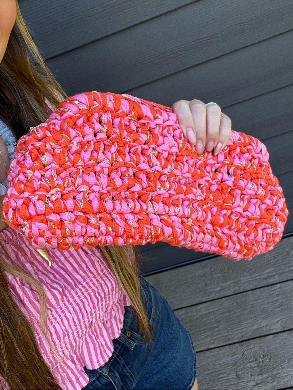 Crochet Clutch -Orange and Pink. 12 inches.